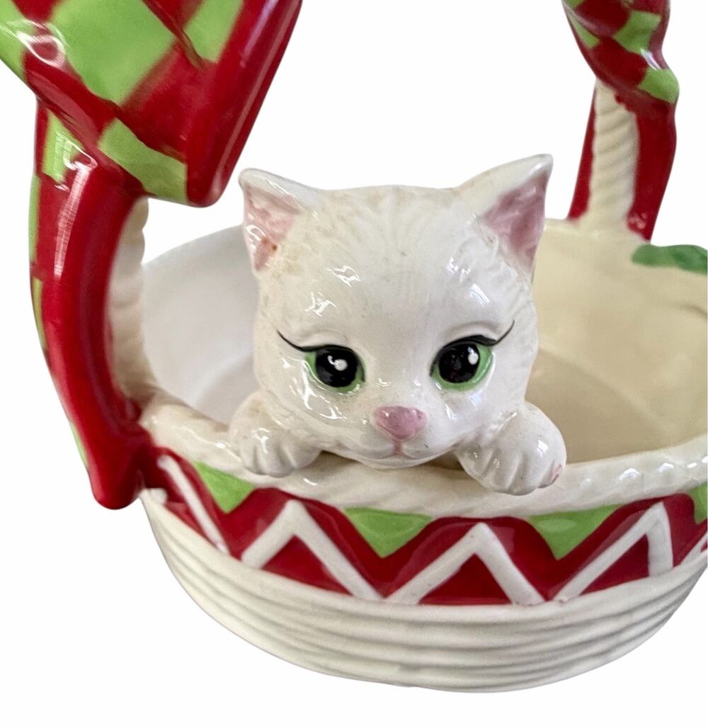 Fitz and Floyd Yuletide Kitten Basket Christmas Candy Dish Holiday Cottagecore